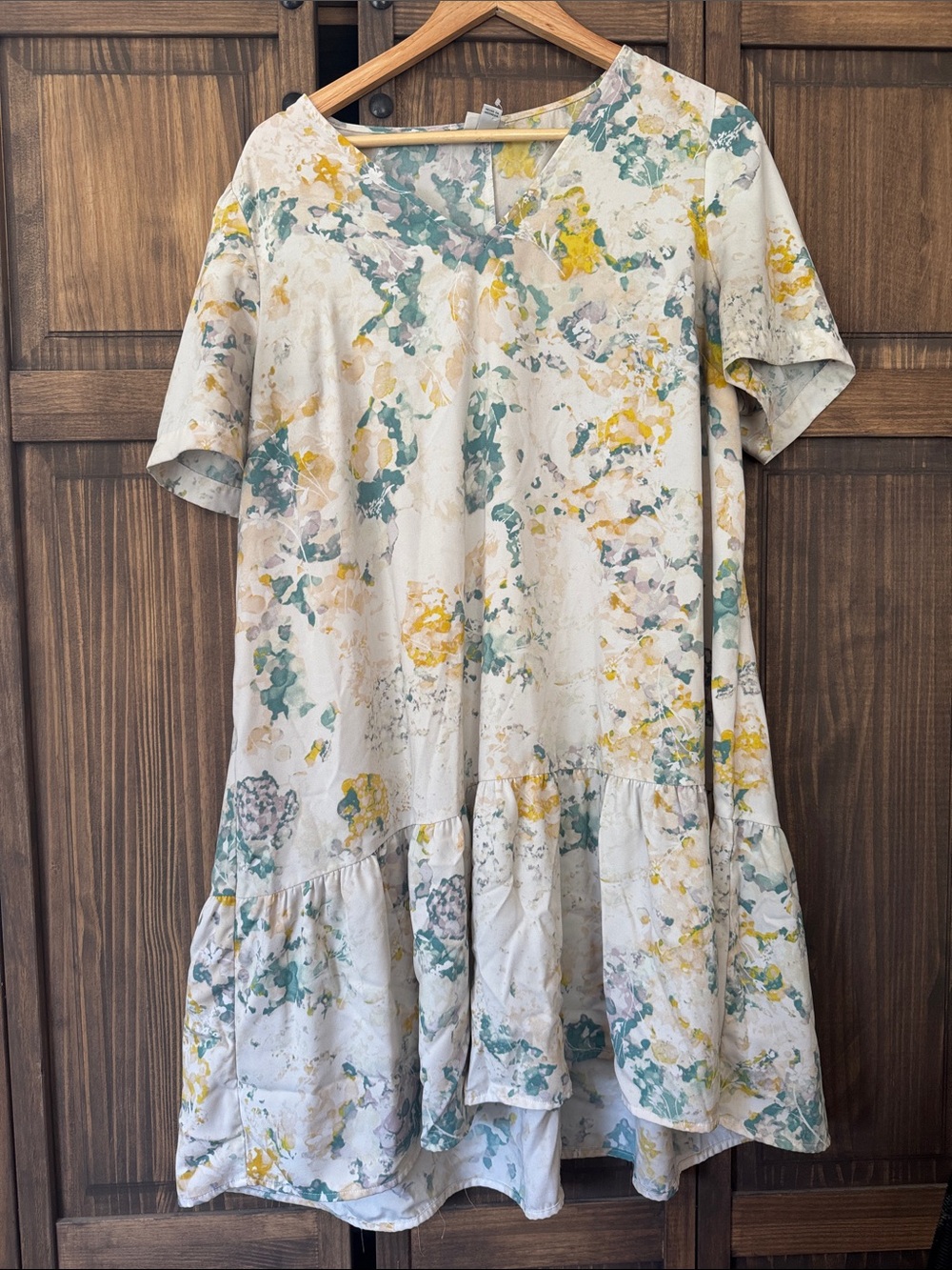 A new day - Light Floral Ruffled Hem Tunic Dress - Yellow & Teal Print
